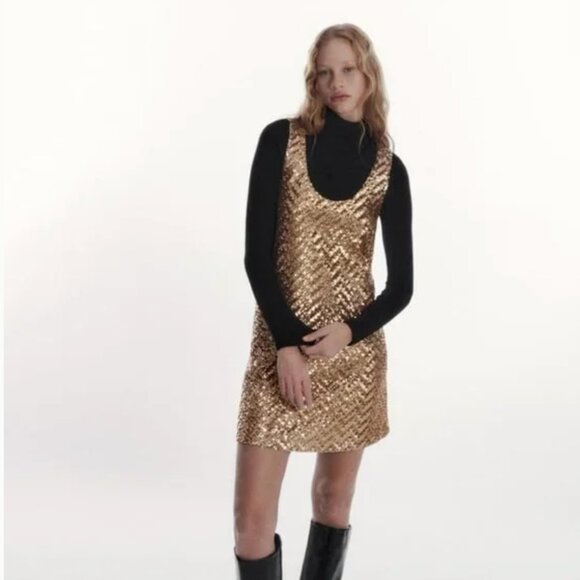 Zara Gold Sequin Sleeveless Mini Dress Scoopneck Size Small - Picture 7 of 7